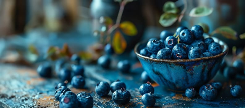 Freshly picked blueberries in blue bowl. Juicy and fresh blueberries with green leaves on rustic table. Bilberry on wooden Background. Blueberry antioxidant. Concept for healthy eating and nutrition Copy space