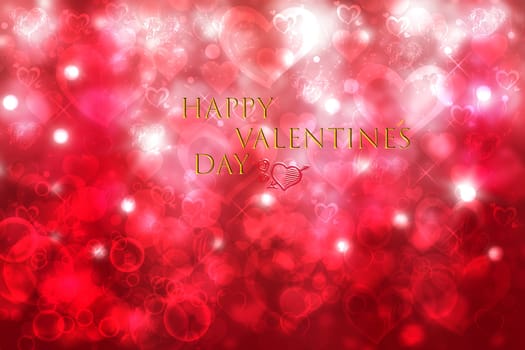 Happy valentines day card. Abstract festive composition of love bokeh red and white hearts background texture with Valentine day text. Present, banner or poster design.