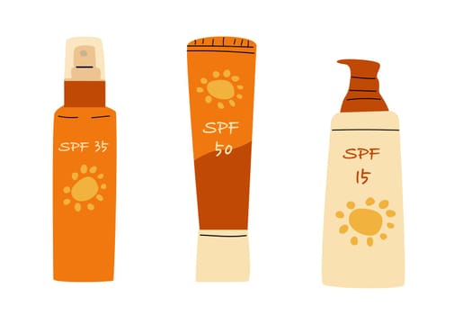 set of cthree cosmetics for sun protection in flat style. Vector illustration isolated, Set included creams, spray.