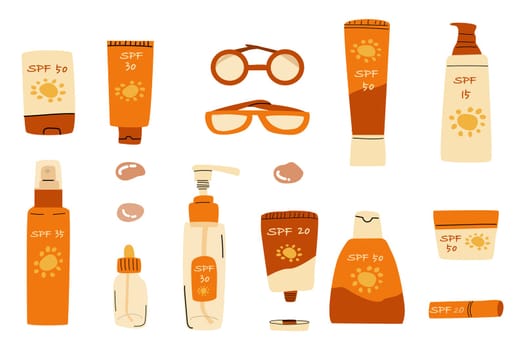 big set of cosmetics for sun protection with supplies - eyeglasses. . Vector illustration in flat style in orange colors.