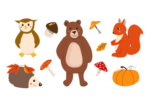 cute cartoon animals - set of bear, owl, squirrell and hedgehog. Vector illustration can used for stikers, wallpapers, labels, mascots of fall. Woodland cartoon animals in autumn with pumkin and mushroom