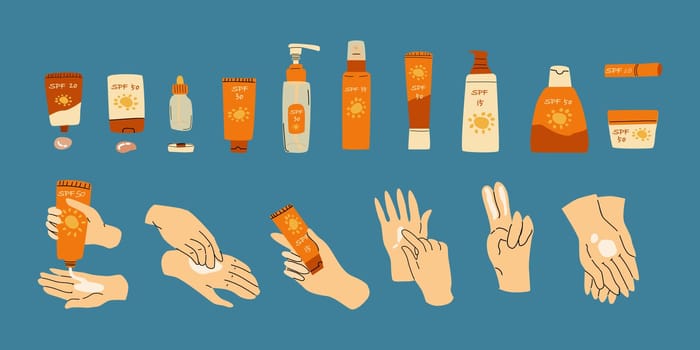 big set of cosmetic products and hands on blue background. Vector illustration included hands in different poses top view and big set of creams, lotions, spay