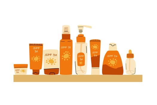 set of cosmetics for sun protection and sunburn on the shelf. Vector illustration isolated, Set included cream, spray, stick, lotion, serum, stick.