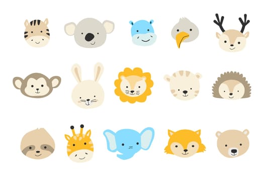 Big set of animal head, portraits with cute face. Vector illustration can used for nursery design, textile, poster, pattern and wrapping paper. Cute jungle, forest woodland baby animals.