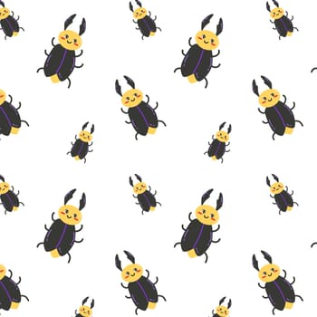 Seamless pattern of spring may beetle. Childish cartoon character seamless backdrop. Cute baby animal background.