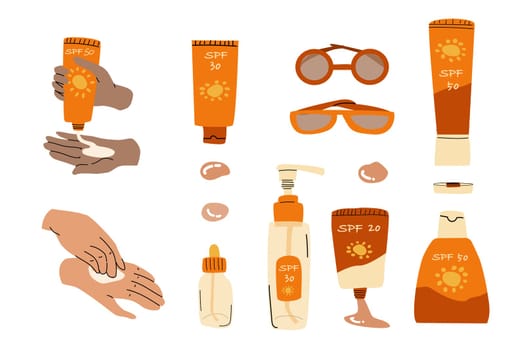 set of cosmetic products spf and hands with dark skin. Vector illustration isolated, Set included cream, serum, spray, eyeglasses, lotion.