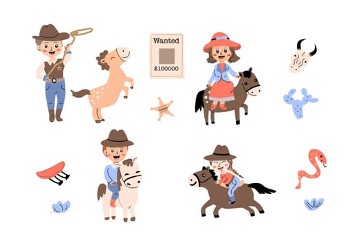 cowboy and cowgirl kids party banner or poster. Vector illustration in flat cartoon style. Suitable for kids birthday invitation.