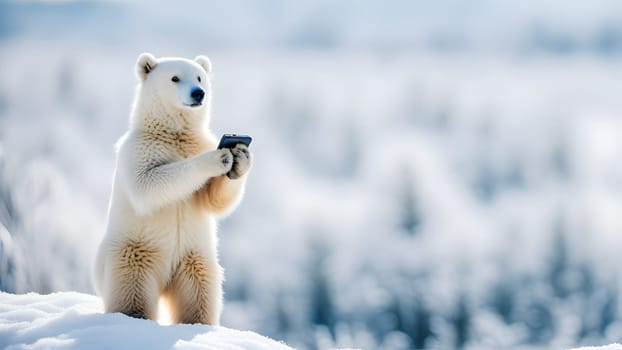 The animal holding cell phone and standing with nice view