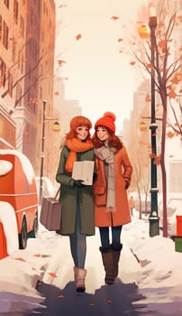Winter's Love Two Women Walking Dawn a Winter Street