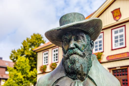 SEESEN, LOWER SAXONY, GERMANY - September-01-2023: Portrait from Statue of Wilhelm Bush in Seesen, was one of the most influential humorous poets and illustrators in Germany.