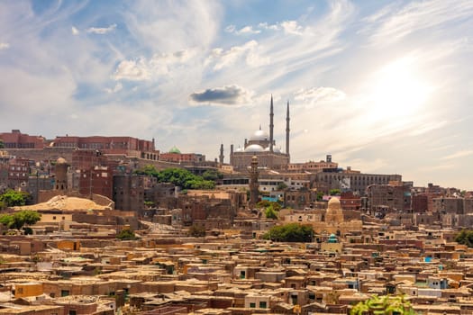 Live district of Cairo and Mosque of Mohammed Ali, beautiful eastern scenery of Egypt.