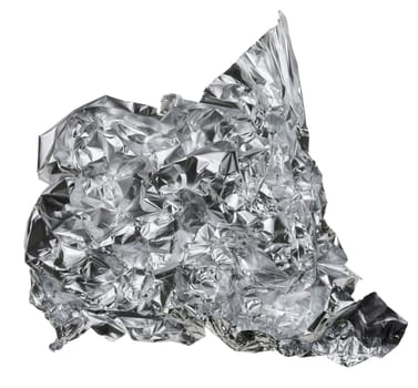 Crumpled piece of gray foil on a white isolated background, close up