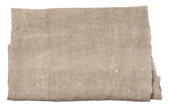 Folded gray linen napkin a white isolated background, top view