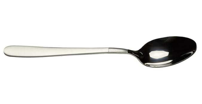 New steel dinner spoon on isolated background, top view