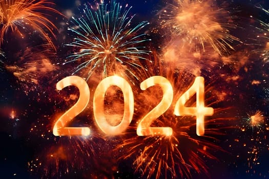 Card, illustration, graphic with fireworks launch, inscription 2024 to celebrate the new year. A time of festivities and resolutions.