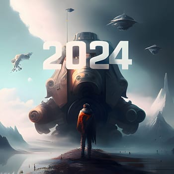 Card, illustration, graphic with futuristic image, inscription 2024 to celebrate the new year. A time of festivities and resolutions.