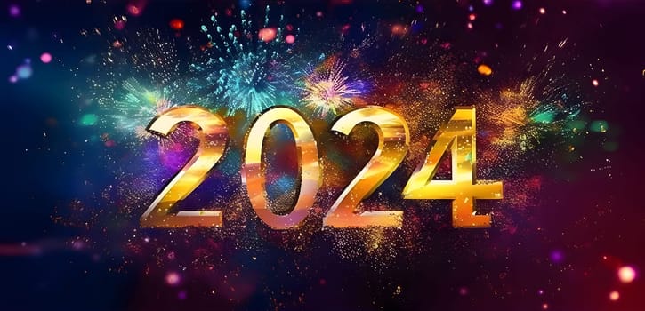 Card, illustration, graphic with a firework shot and with the inscription 2024 to celebrate the new year. A time of festivities and resolutions.