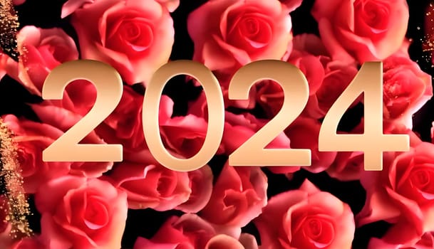 Card, illustration, graphic of red roses with the inscription 2024 to celebrate the new year. A time of festivities and resolutions.