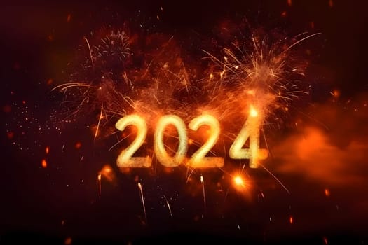 Card, illustration, graphic with fireworks launch, inscription 2024 to celebrate the new year. A time of festivities and resolutions.
