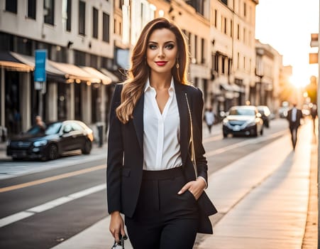 Pretty business woman in city in sunset