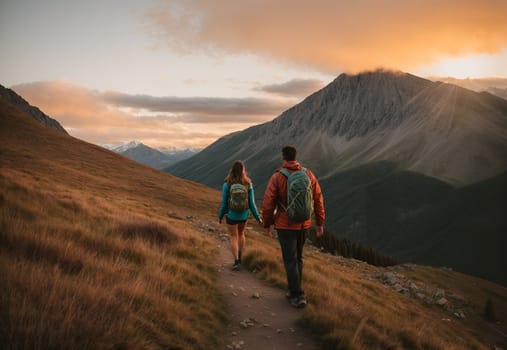 Couple hiking in the sunset
