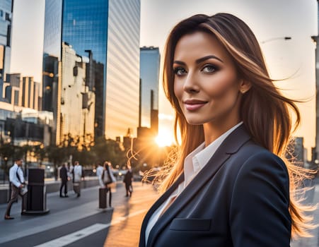 Pretty business woman in city in sunset