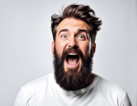 Crazy funny bearded man closeup