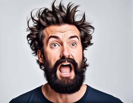 Crazy funny bearded man closeup