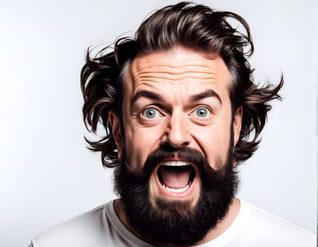 Crazy funny bearded man closeup