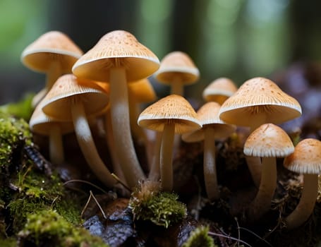 Growing mushrooms closeup in forest