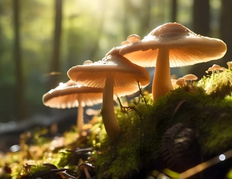 Growing mushrooms closeup in forest
