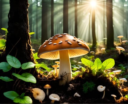 Growing mushrooms closeup in forest