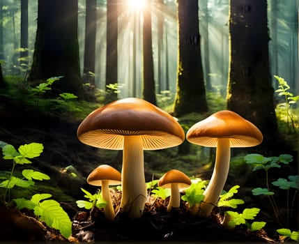 Growing mushrooms closeup in forest