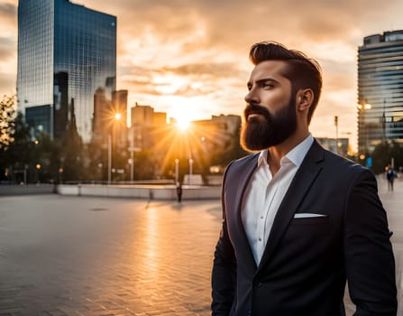 Bearded handsome businessman in city