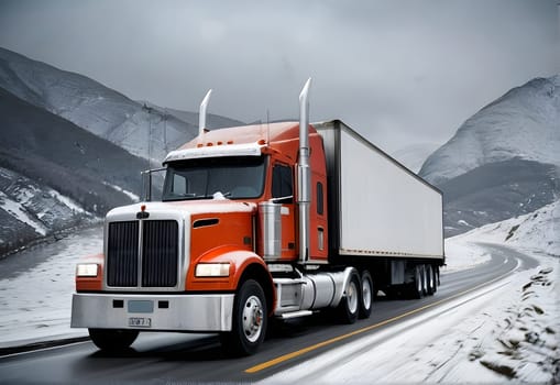 Truck drives through the snowy mountains