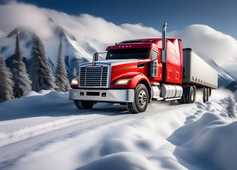 Truck drives through the snowy mountains