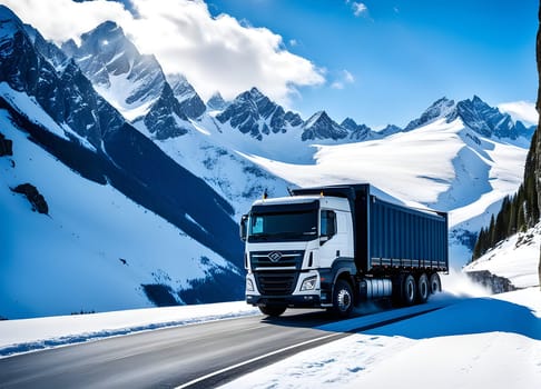 Truck drives through the snowy mountains