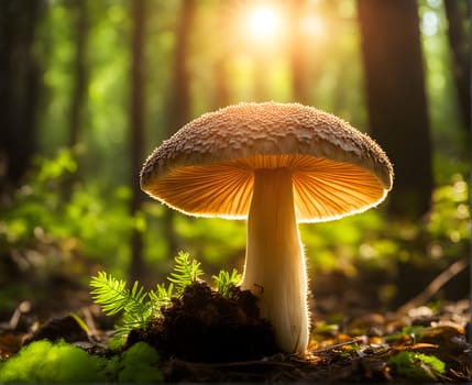 Growing mushrooms closeup in forest