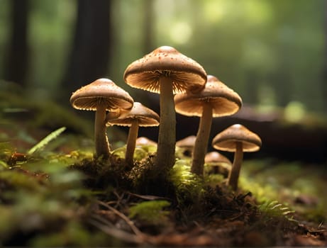 Growing mushrooms closeup in forest