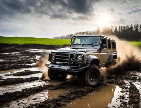 Off road car drives in mud