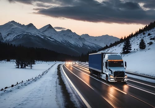 Truck drives through the snowy mountains