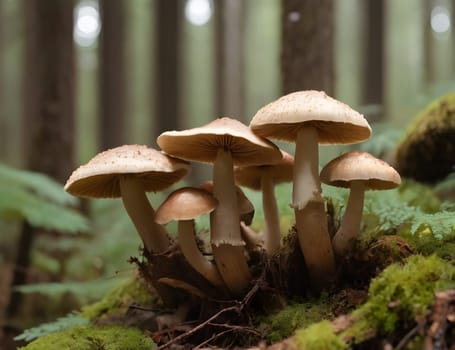 Growing mushrooms closeup in forest