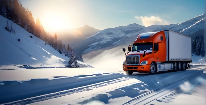 Truck drives through the snowy mountains