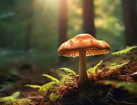 Growing mushrooms closeup in forest
