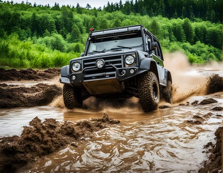 Off road car drives in mud