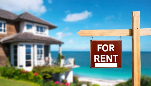 For rent sign with tropical beach in background. Ocean front vacation rental property. AI generated