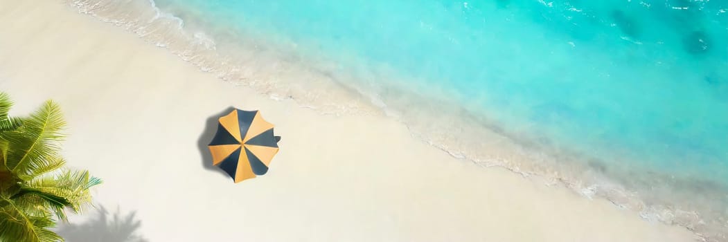 Umbrella on the beach with turquoise water. Top view. AI generated