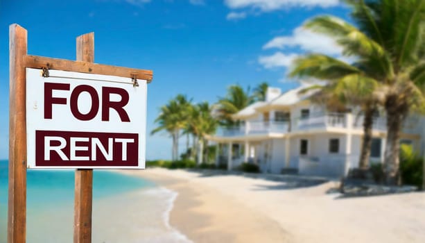 For rent sign with tropical beach in background. Ocean front vacation rental property. AI generated
