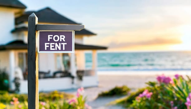 For rent sign with tropical beach in background. Ocean front vacation rental property. AI generated