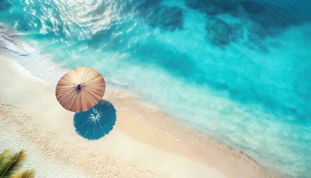 Umbrella on the beach with turquoise water. Top view. AI generated